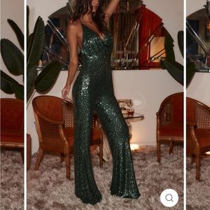 REVOLUTION EMERALD SEQUIN WIDE LEG JUMPSUIT